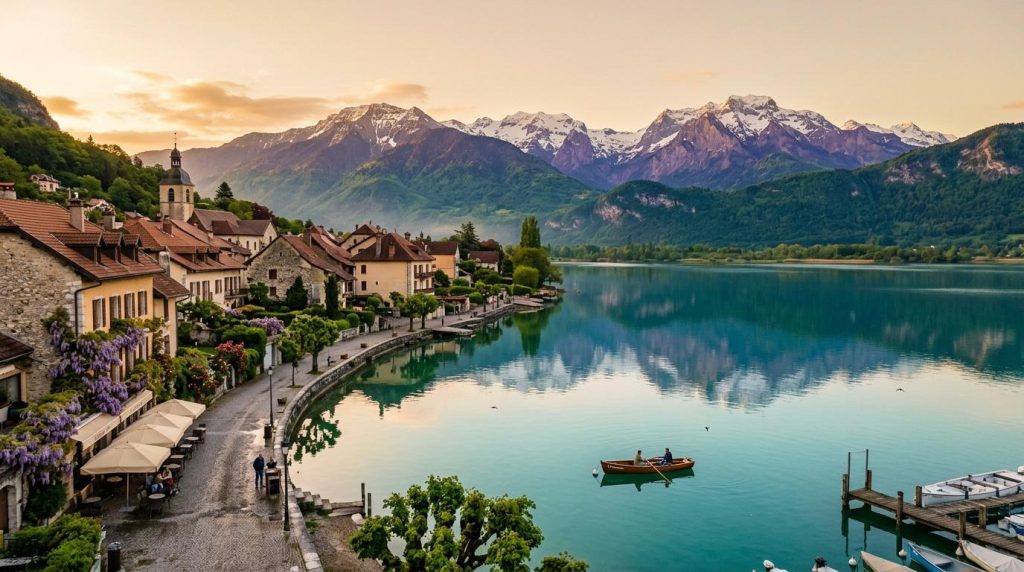 Village suisse pittoresque avec église, montagnes enneigées et lac turquoise