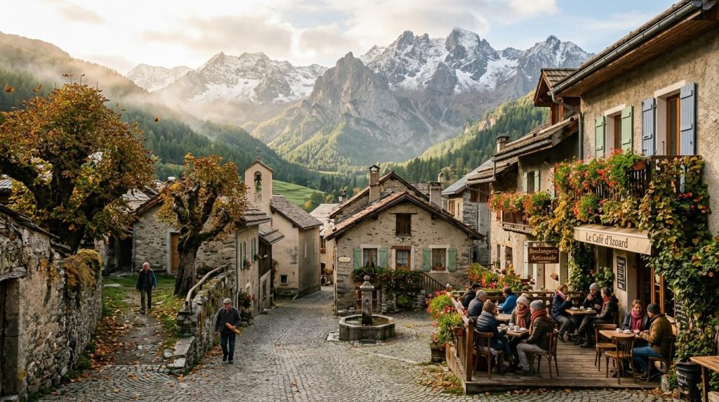 Village montagnard européen avec maisons en pierre, café et pics enneigés