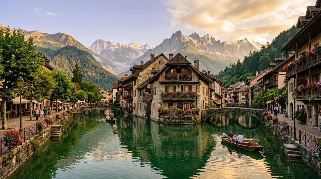 Village de montagne avec canal, maisons fleuries et sommets alpins