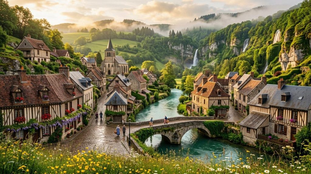 Village médiéval avec église, maisons à colombages, rivière et cascades