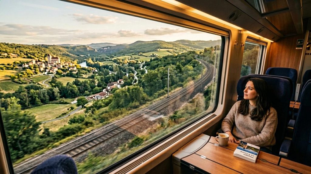 Femme regardant paysage vallée depuis train
