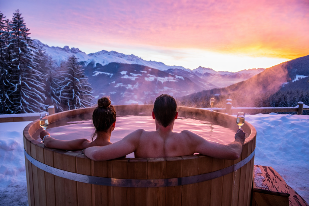 Deux personnes sont assises dans un jacuzzi extérieur fumant avec des boissons, avec vue sur les montagnes enneigées au coucher du soleil.