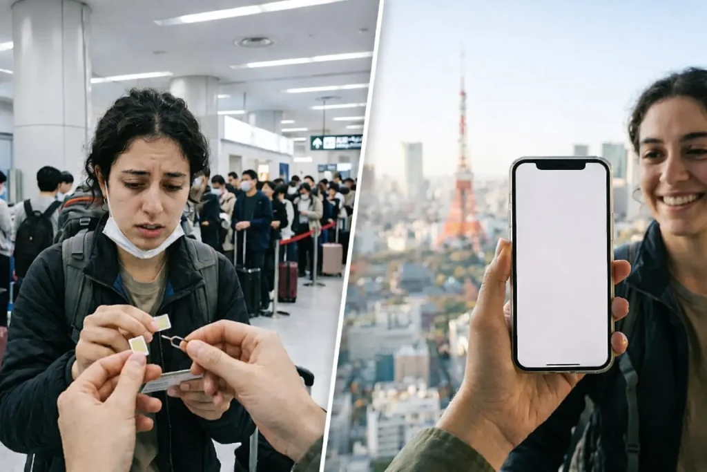 À gauche, une femme échange des cartes SIM dans un aéroport ; à droite, elle sourit tandis que quelqu'un brandit un smartphone à l'écran vierge, avec un paysage urbain en arrière-plan.