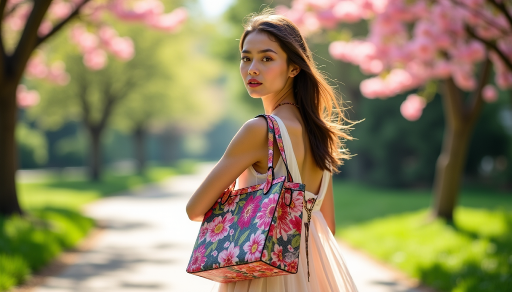 Une femme vêtue d'une robe légère marche à l'extérieur sur un chemin bordé d'arbres et de fleurs roses, portant un grand sac fourre-tout à motifs floraux.