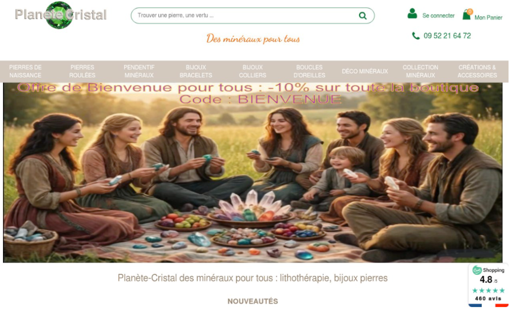 Un groupe de personnes assises en cercle à l'extérieur, souriantes et tenant des cristaux, entourées de diverses pierres minérales disposées sur le sol.