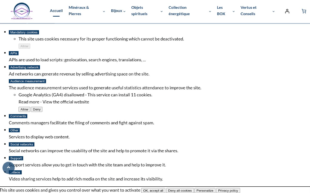 Une bannière de consentement aux cookies sur un site web affiche des descriptions des différents types de cookies et des options d'acceptation, de refus ou de personnalisation des paramètres des cookies en bas de page.