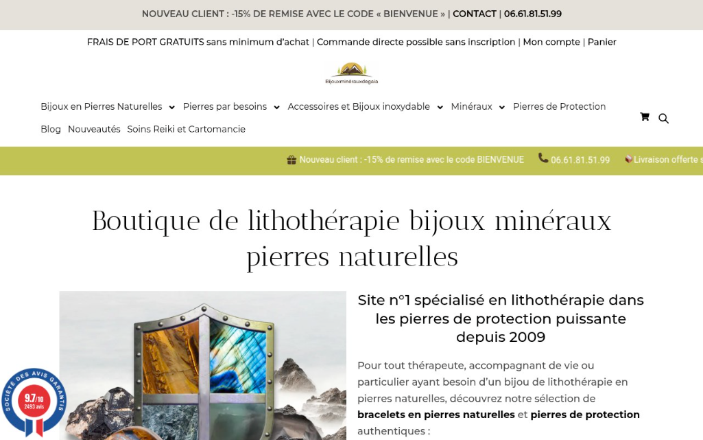 Capture d'écran d'un site français de vente de bijoux de lithothérapie, de minéraux et de pierres naturelles, présentant des codes promotionnels, des informations de contact et des images de produits.