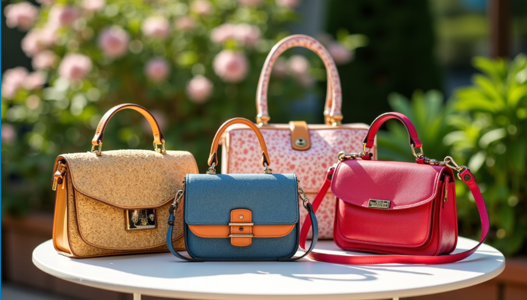 Quatre sacs à main de styles et de couleurs différents - beige, bleu, rose à motifs et rouge - sont présentés sur une table ronde blanche à l'extérieur, avec des plantes à fleurs en arrière-plan.