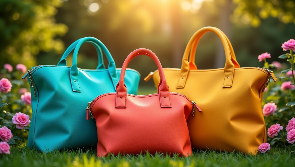 Trois sacs à main colorés - turquoise, corail et jaune - sont présentés sur de l'herbe parmi des fleurs roses, la lumière du soleil filtrant à travers les arbres en arrière-plan.
