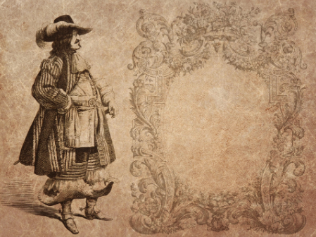 Une illustration vintage d'un homme portant des vêtements historiques ornés se trouve à côté d'un cadre décoratif vide de style baroque sur un parchemin texturé.