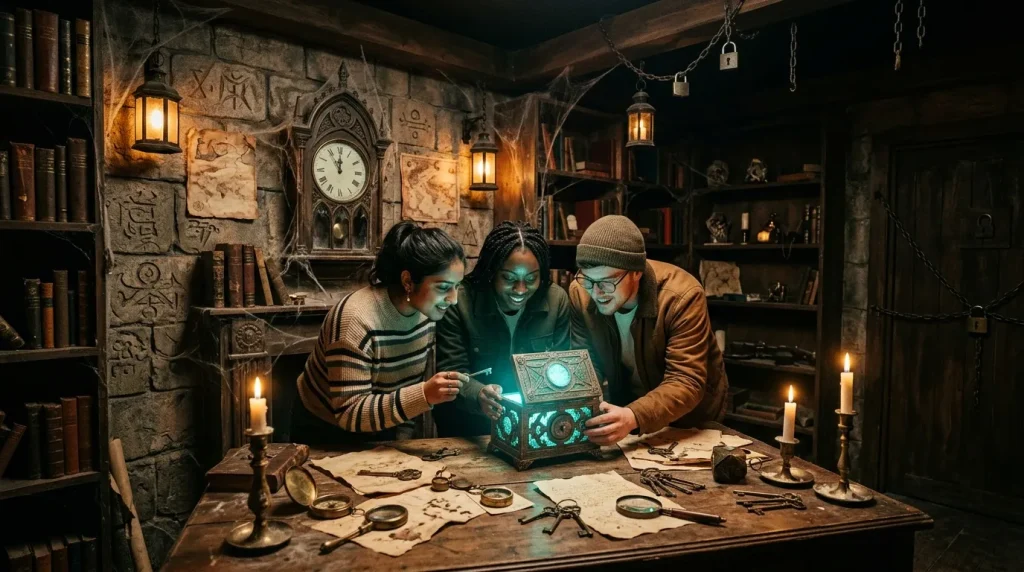 Trois enfants examinent une boîte lumineuse mystérieuse dans une bibliothèque ancienne