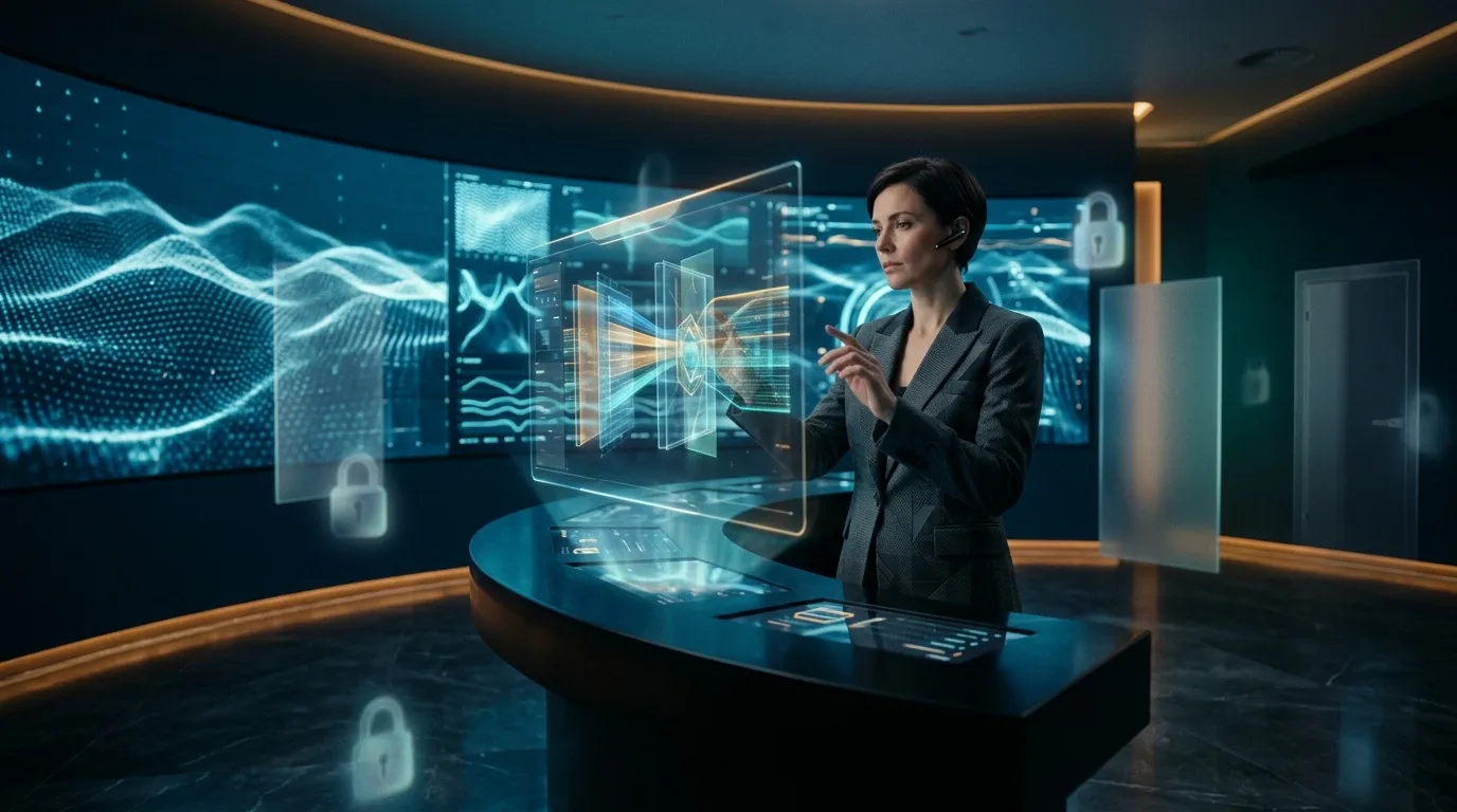 Femme en costume manipule interfaces holographiques futuristes