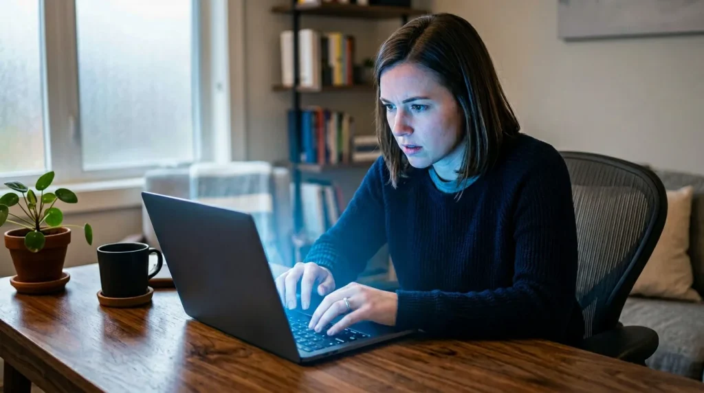 Femme concentrée tapant sur son laptop au bureau