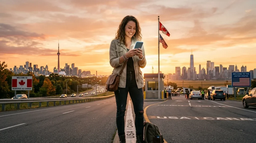 Femme souriante à la frontière Canada-États-Unis avec téléphone