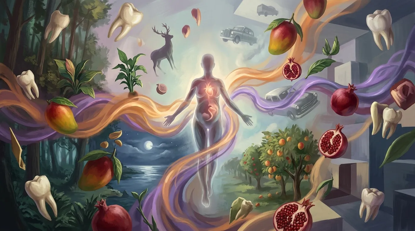 Silhouette lumineuse entourée de fruits, dents et éléments naturels