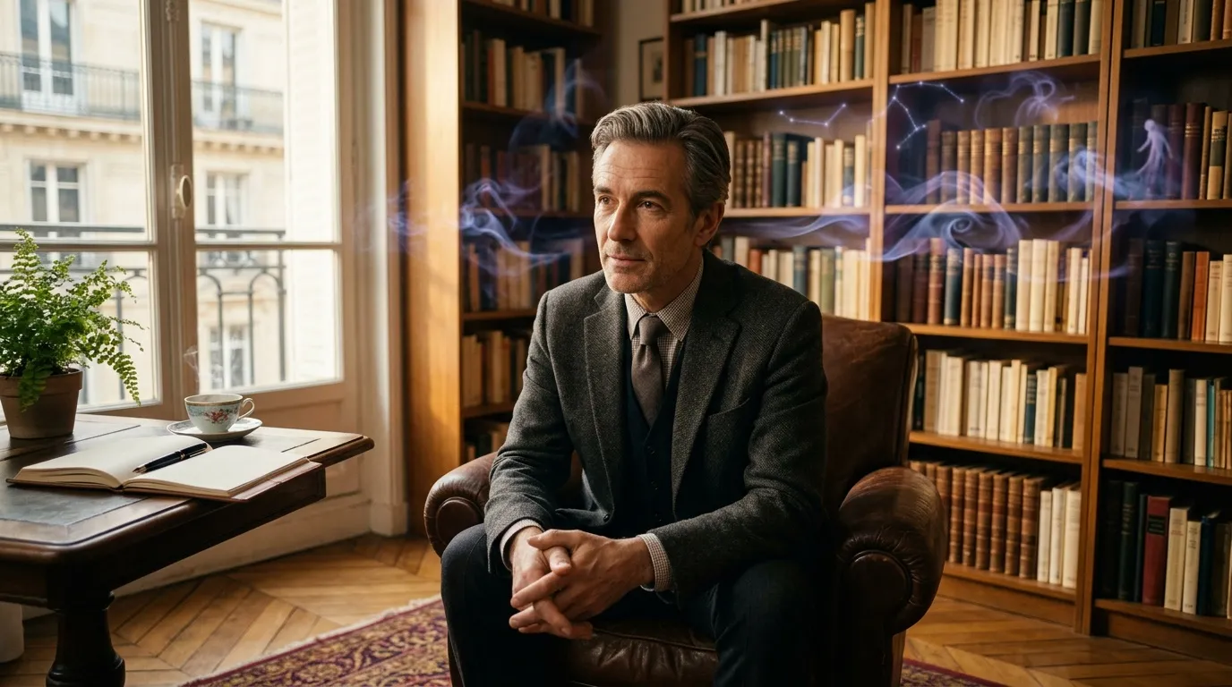 Homme en costume gris assis dans une bibliothèque élégante