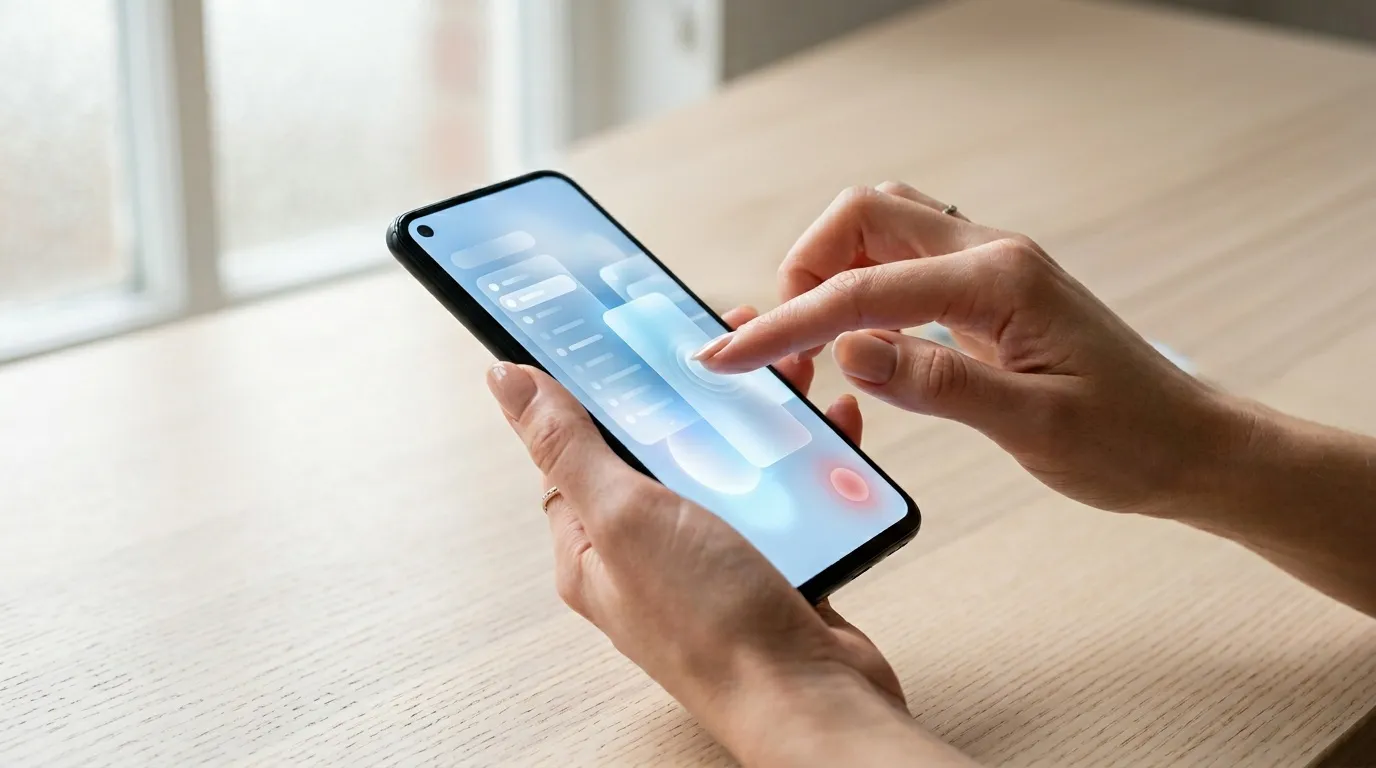 Mains tenant un smartphone affichant une interface utilisateur