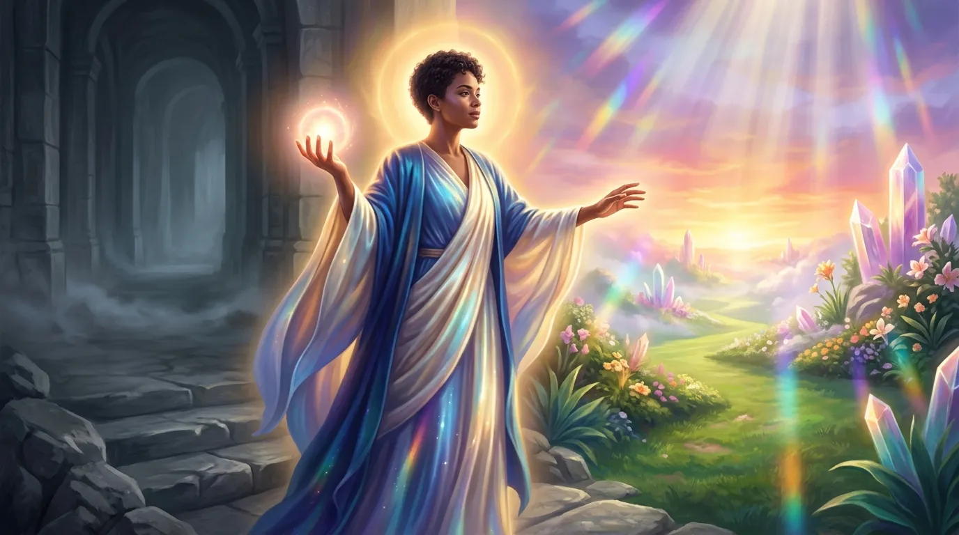 Femme rayonnante en robe bleue dans un royaume céleste enchanteur