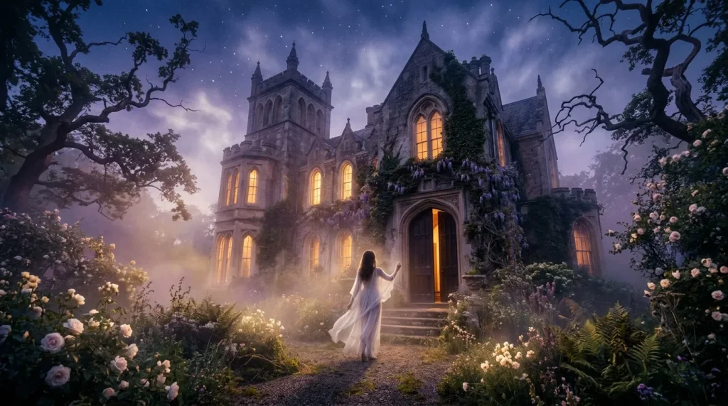 Femme en robe blanche devant château illuminé, jardin fleuri, nuit étoilée