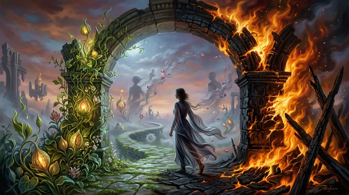 Femme face à un portail entre nature verte et feu ardent