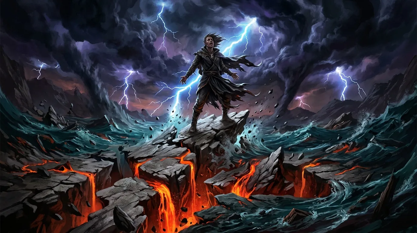 Magicien contrôlant la foudre au-dessus d'un paysage volcanique