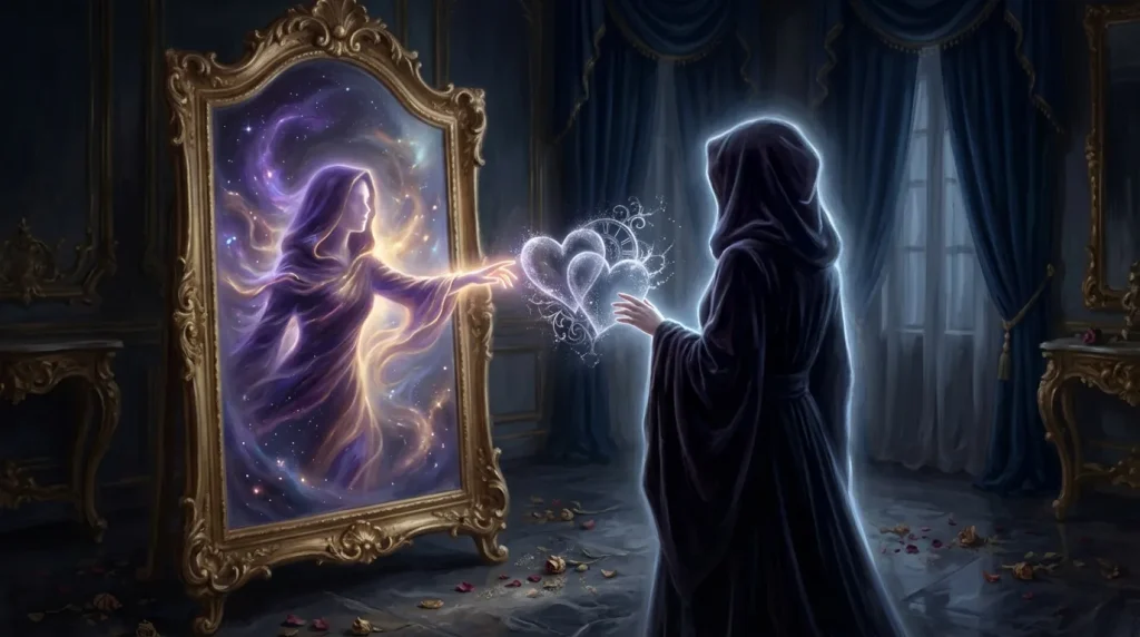 Deux figures échangent des cœurs lumineux devant un miroir magique