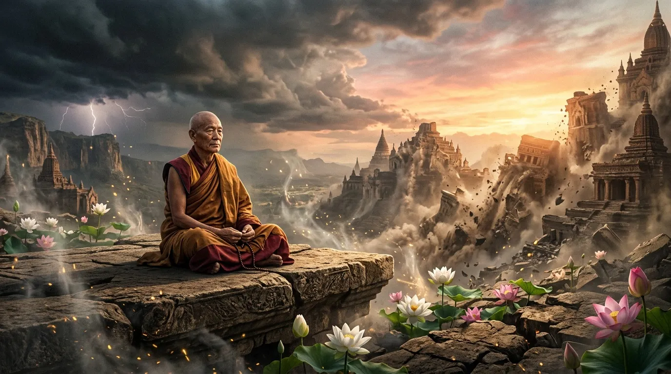 Moine bouddhiste méditant sur roche, temples en ruines