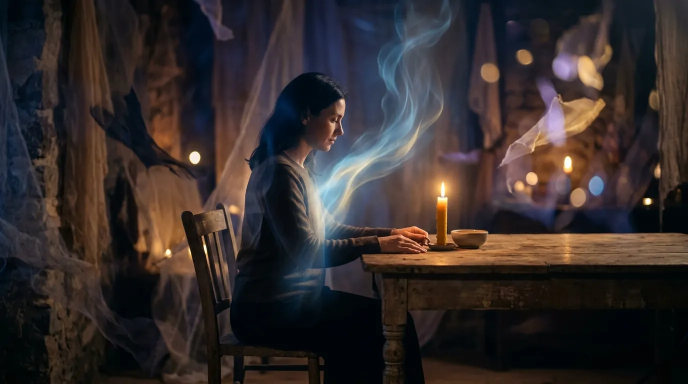 Femme priant seule à table avec chandelle allumée