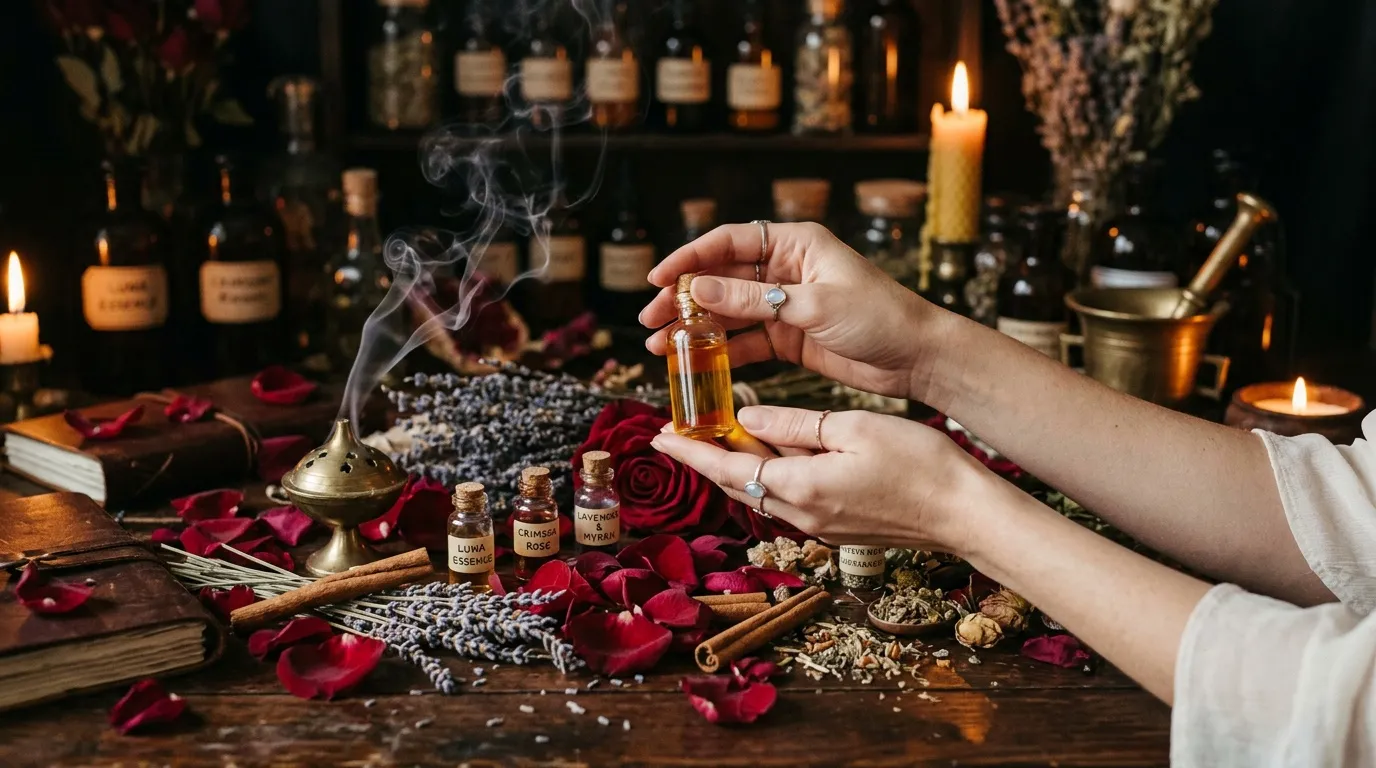 Mains tenant une fiole d'huile essence dans un autel mystique