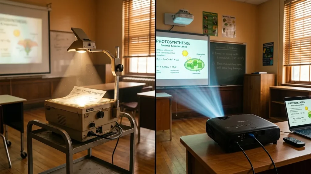Classe avec projecteur, rétroprojecteur et présentation photosynthèse