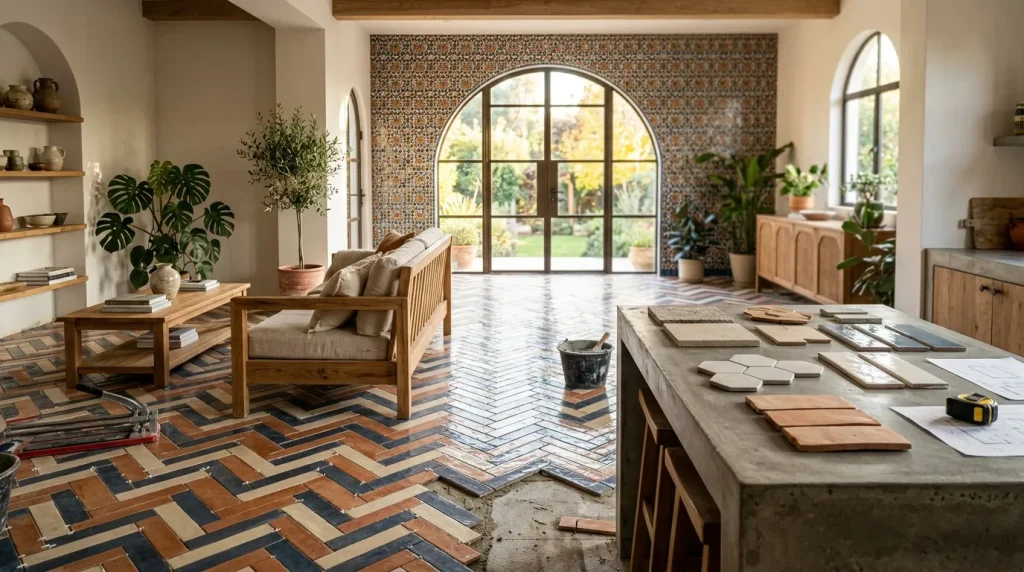 Espace moderne avec carrelage géométrique, meubles bois et plantes vertes