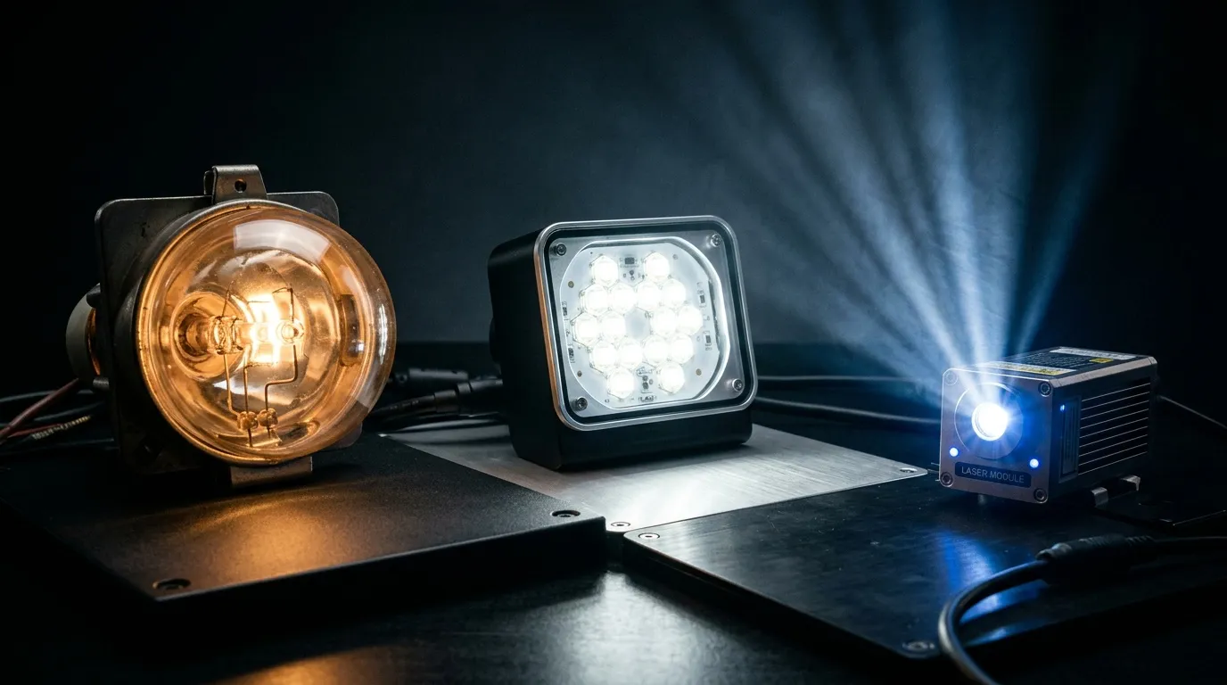 Trois sources lumineuses : ampoule halogène, LED, laser module
