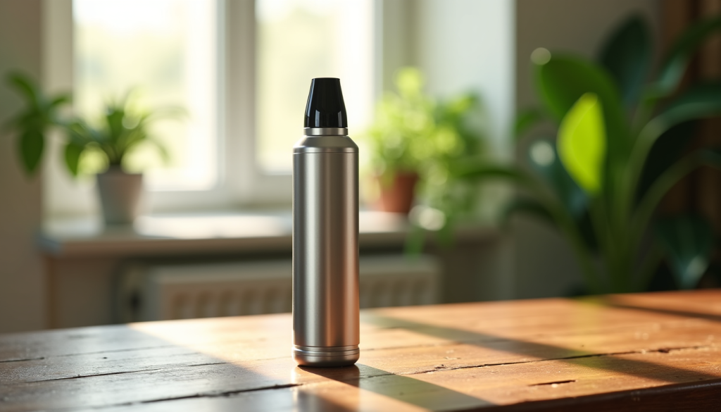 Une bouteille en acier inoxydable avec un couvercle noir est placée sur une table en bois dans une pièce ensoleillée avec des plantes vertes et une fenêtre en arrière-plan.