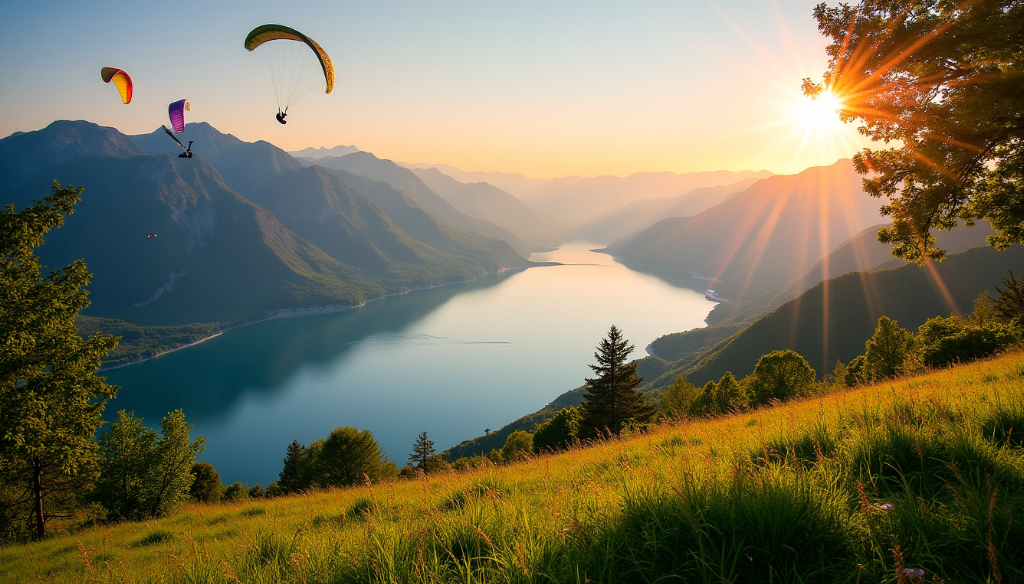 Deux parapentes s'élèvent au-dessus d'un lac pittoresque entouré de montagnes au coucher du soleil, la lumière du soleil projetant de longues ombres sur la colline herbeuse.