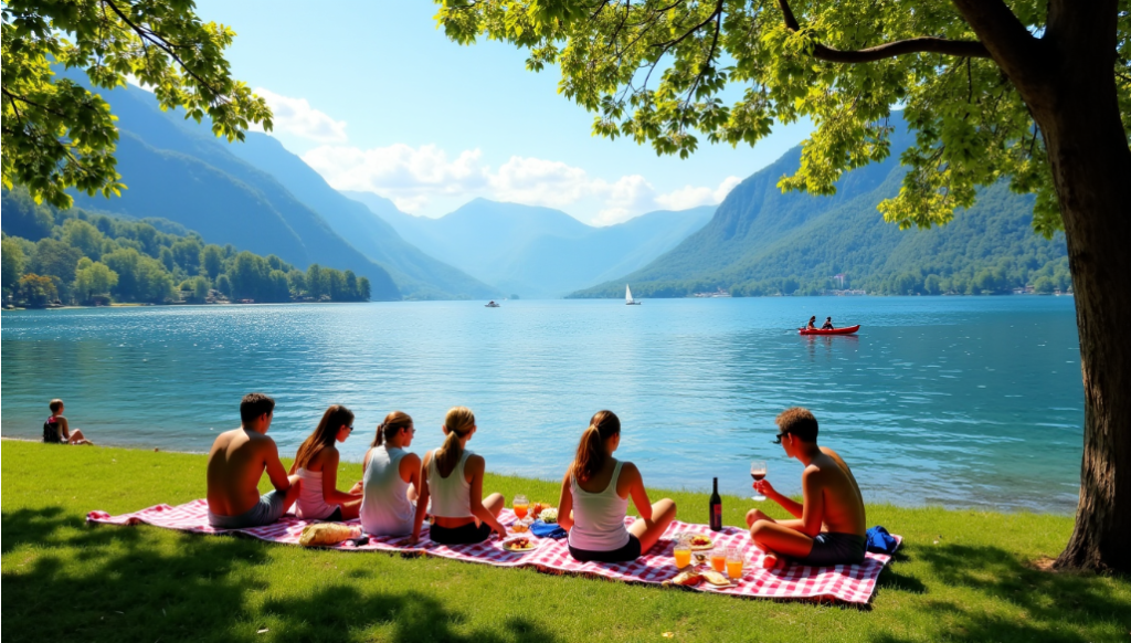 Six personnes sont assises sur des couvertures de pique-nique au bord d'un lac avec des montagnes en arrière-plan, mangeant et discutant sous un arbre par une journée ensoleillée. Un kayak et un voilier sont visibles sur l'eau.