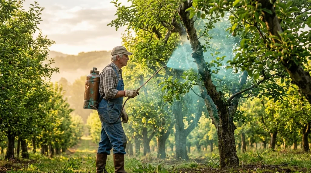 Fermier appliquant pesticide sur arbre fruitier en verger