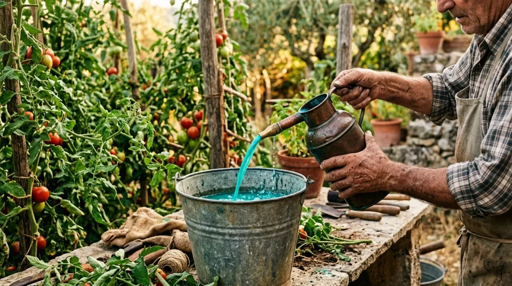 Agriculteur arrosant ses plants de tomates dans un jardin potager