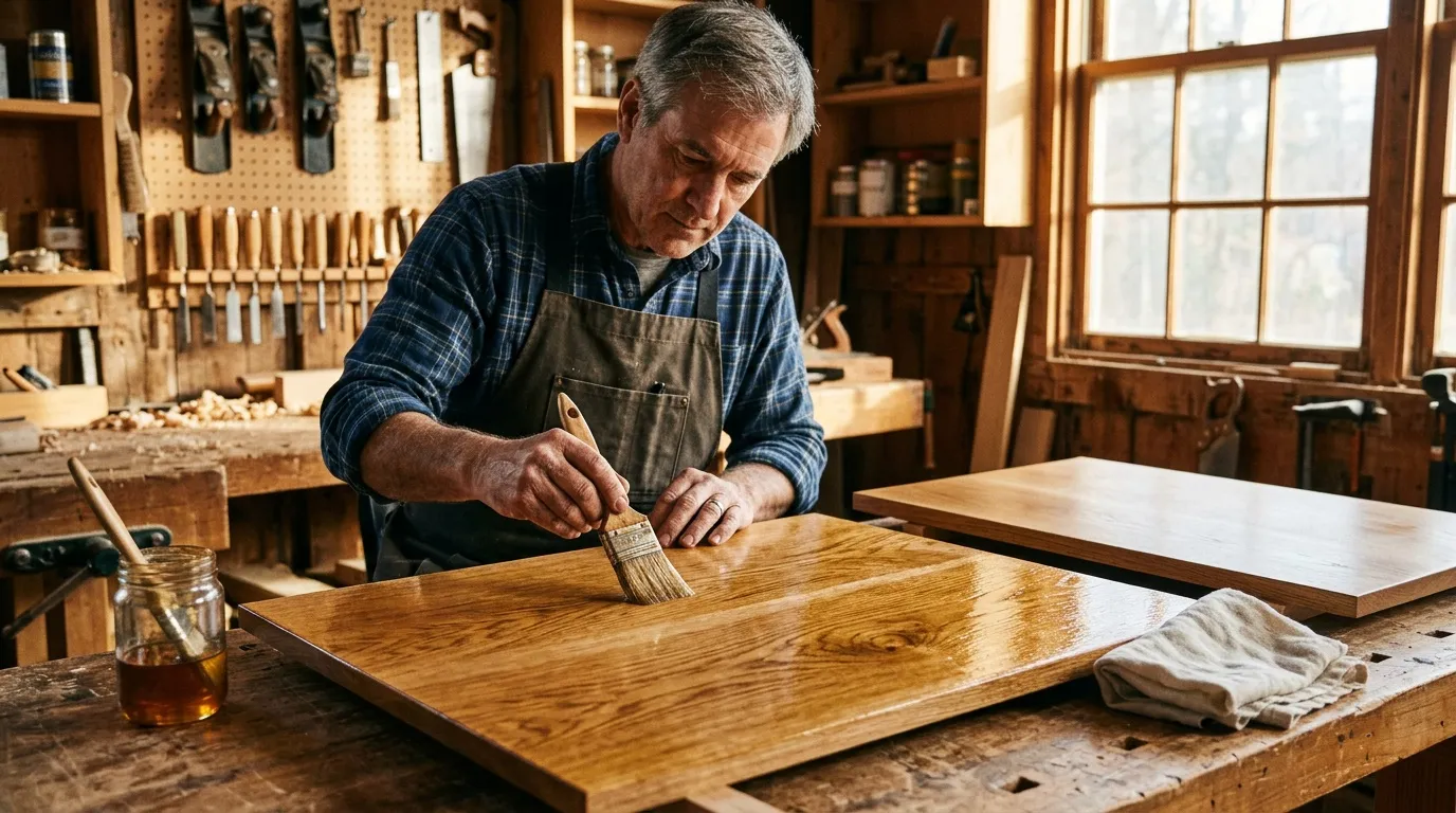 Menuisier poncant une planche de bois en atelier