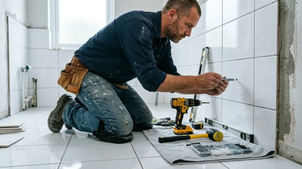 Ouvrier installe carrelage blanc mur salle bain