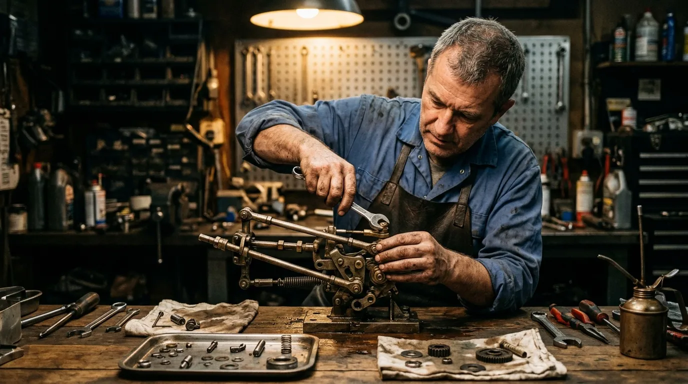 Mécanicien restaure un moteur dans son atelier équipé