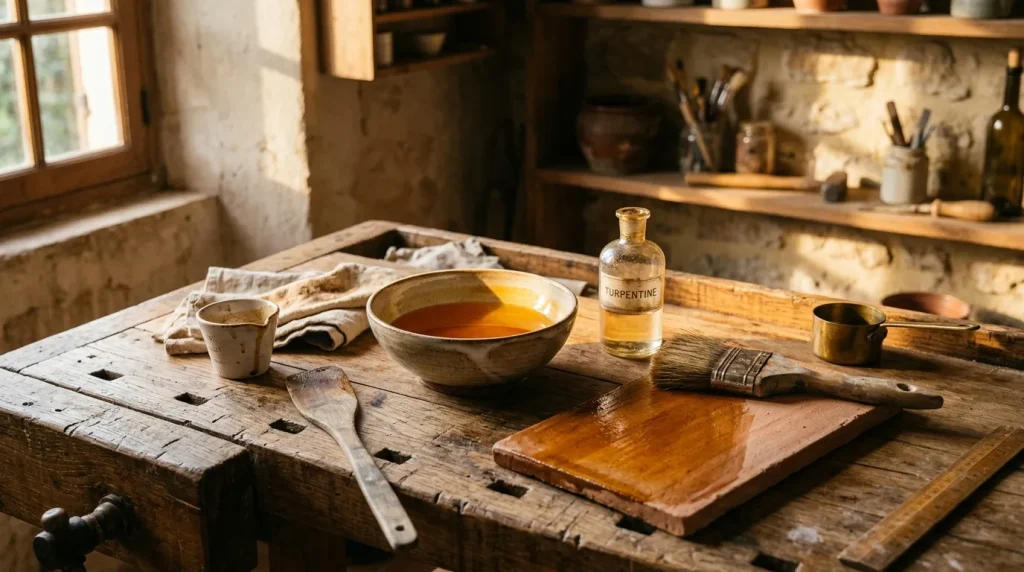 Table de travail avec outils, pinceau, essence de térébenthine et bol de peinture
