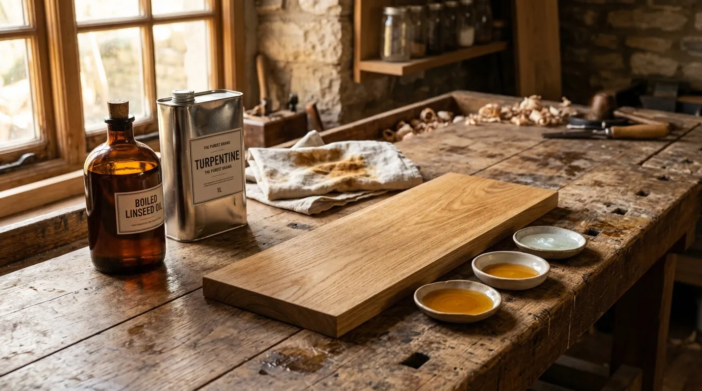 Table de travail avec huile de lin et térébenthine pour finition bois