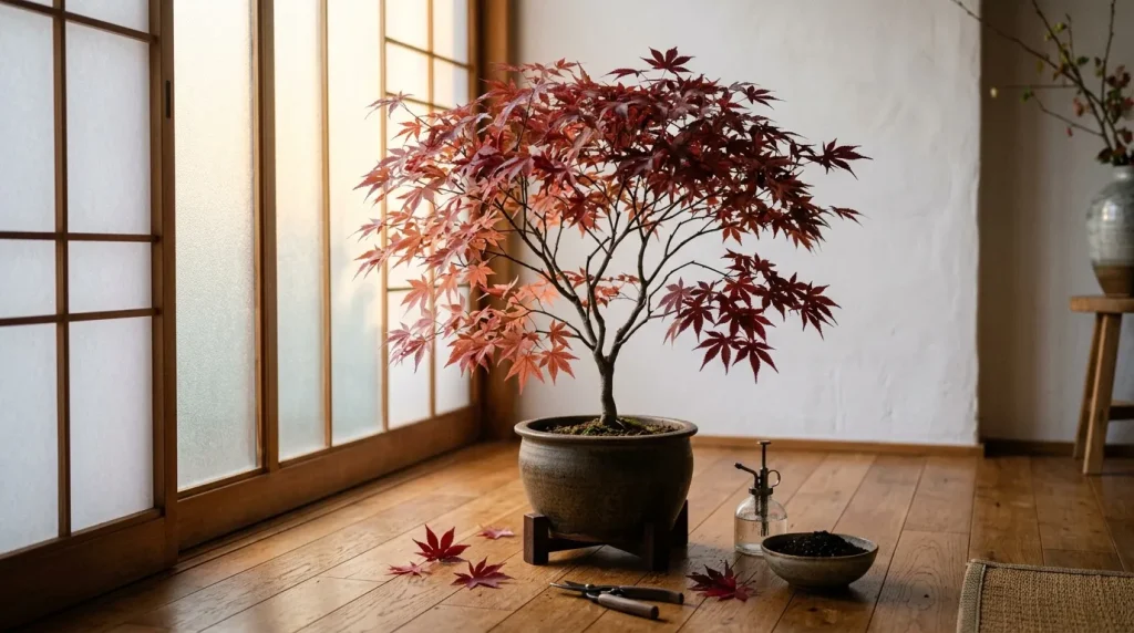 Bonsaï aux feuilles rouges dans une pièce minimaliste japonaise