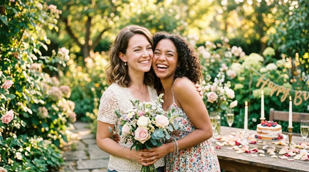 Deux femmes souriantes dans un jardin avec fleurs et décoration