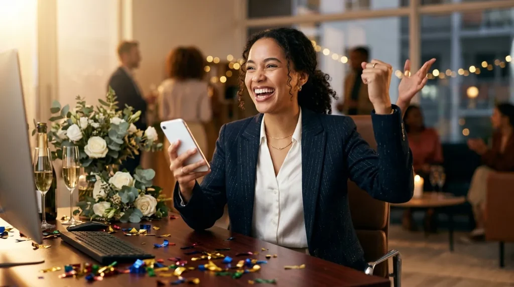Femme d'affaires souriante célébrant avec téléphone lors d'événement