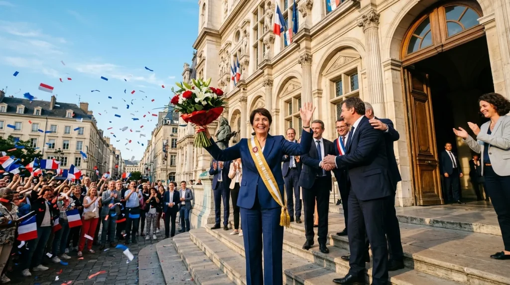 Femme en costume bleu avec sash officiel, foule et confettis tricolores