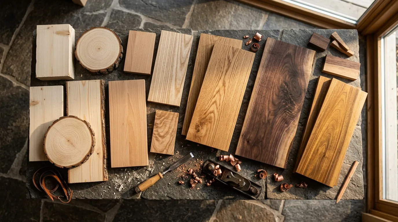 Assortiment de planches bois brut et outils de travail