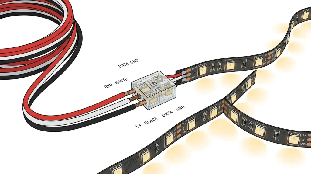 Schéma de branchement connecteur LED avec fils colorés
