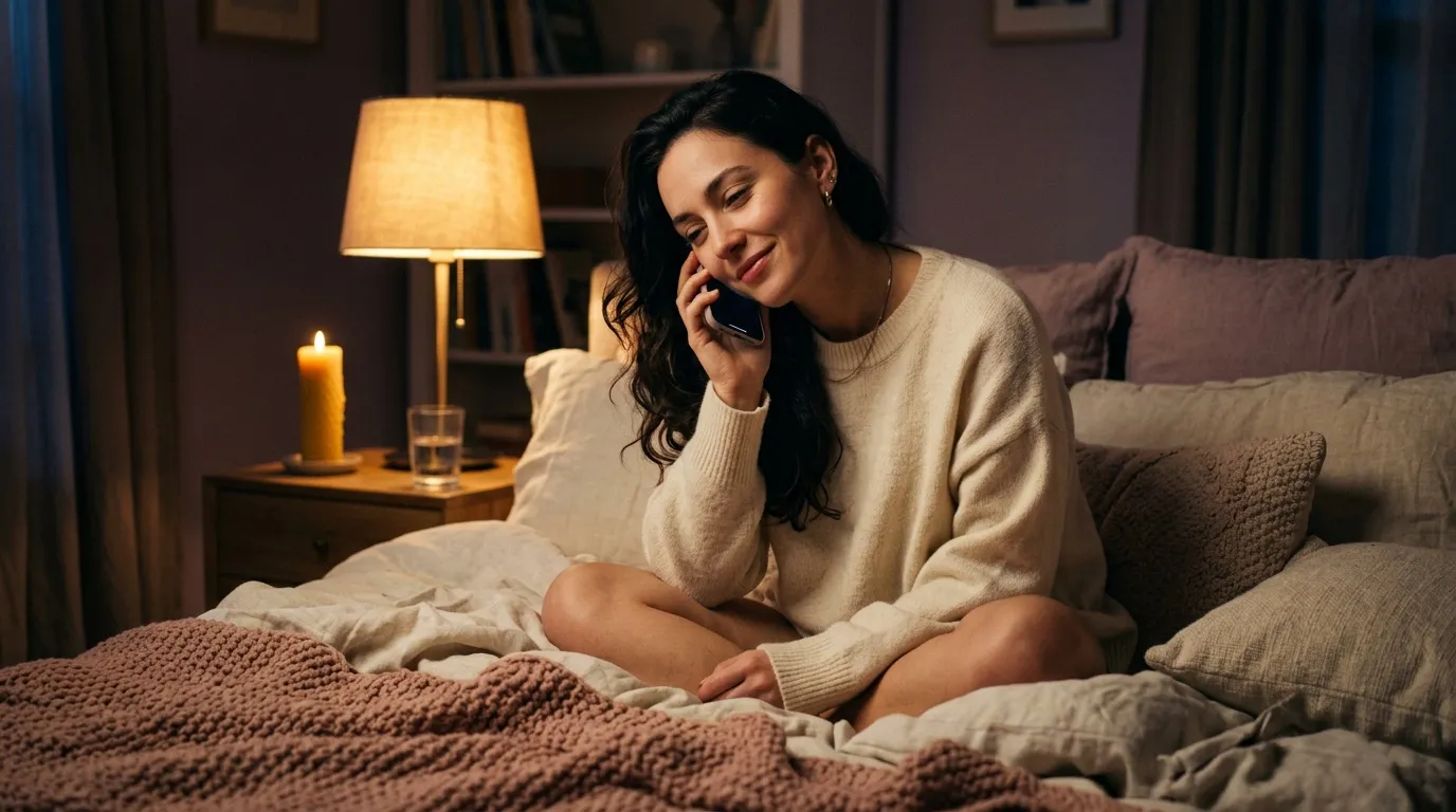 Femme au téléphone assise sur son lit le soir