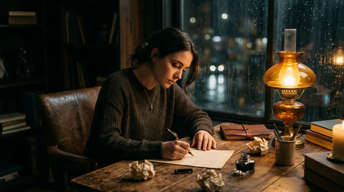 Femme écrivant à son bureau la nuit sous lampe dorée
